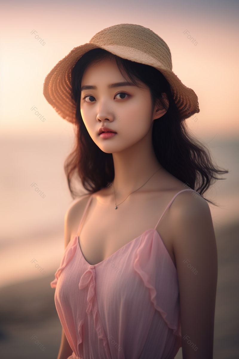 浅黄色夕阳海边美女正面拍摄,高清,摄影图,摄影图片,图片大全,摄影图免费下载